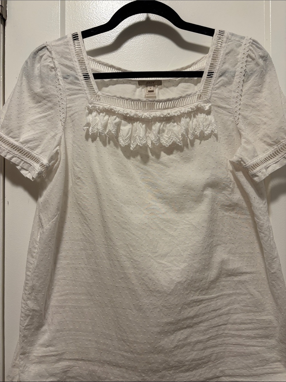 J. Crew White Swiss Dot Lace-Trim Peasant Top